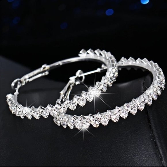 NEW 2'' Silver Round Diamond Hoop Earrings - Picture 7 of 9